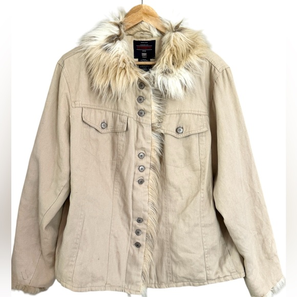 Y2K Faded Glory Tan Trucker Jacket Fur Trim Quilted Liner Size 1X - Picture 2 of 12